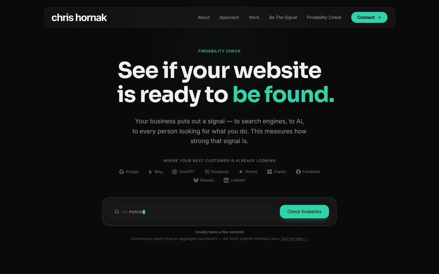 Findability Check — Tool · Built & owned, built by Chris Hornak